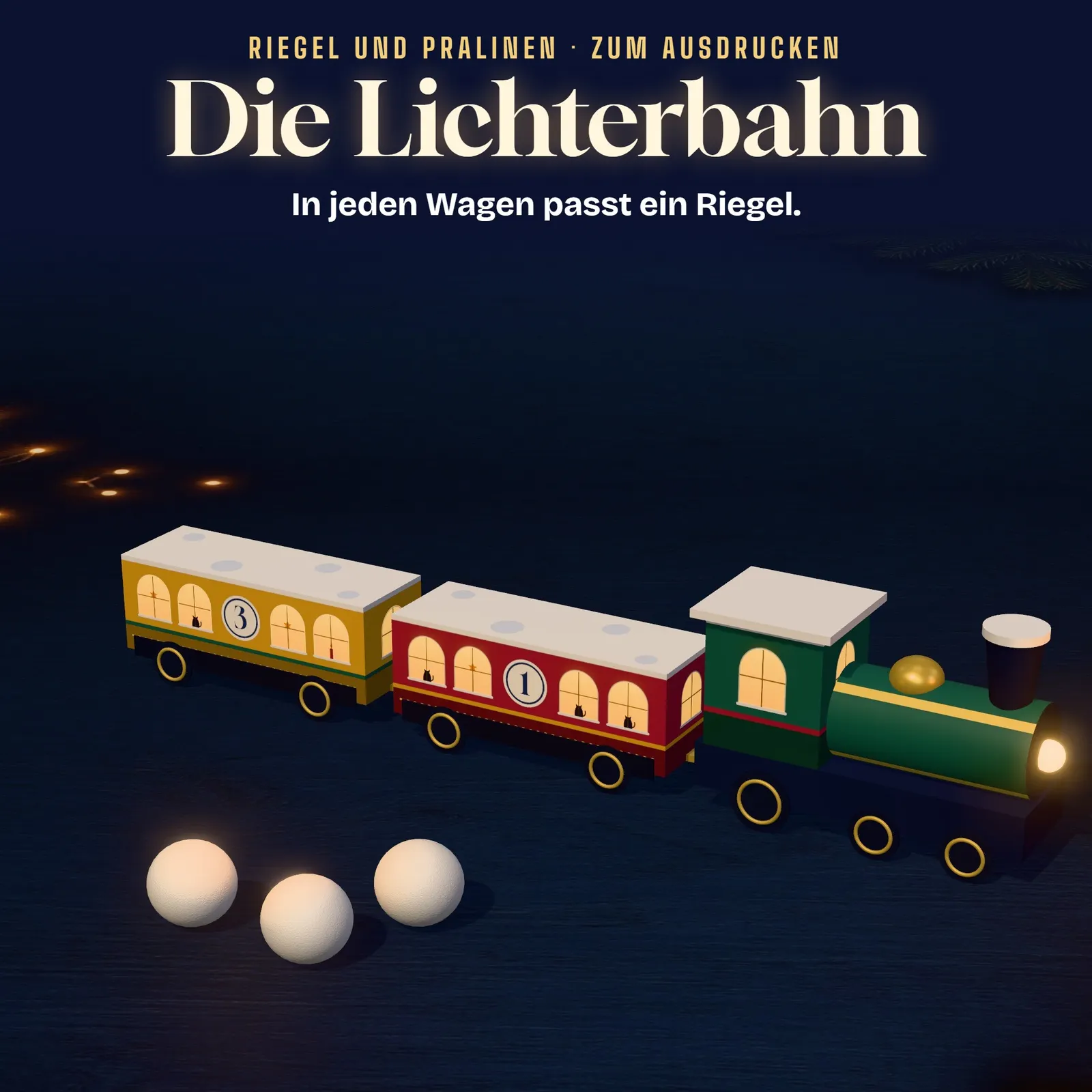 Papier-Zug-Geschenkbox zum Ausdrucken – Die Lichterbahn – Titelbild
