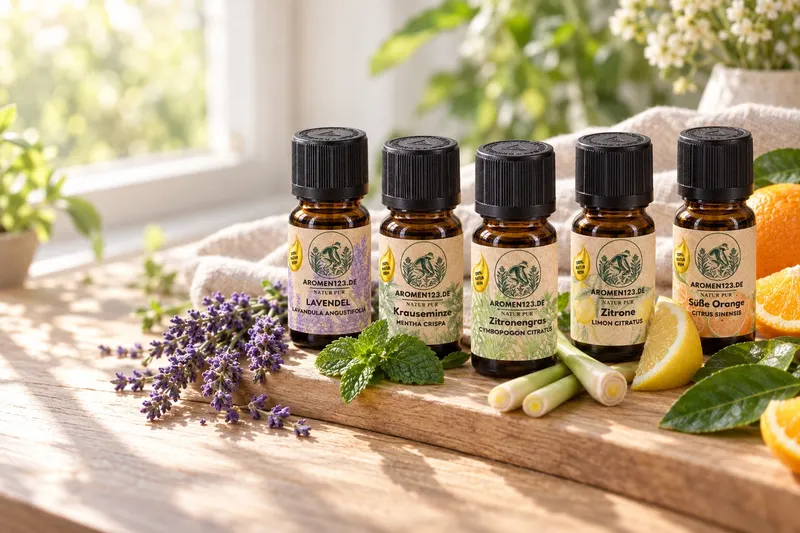 Fünf ätherische Öle des Kennenlern-Sets mit Lavendel, Minze, Zitronengras, Zitronen und Orangen