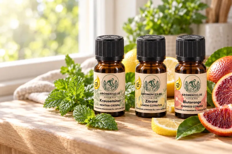 Krauseminze, Zitrone und Blutorange – drei ätherische Öle des Frische-Sets mit frischer Minze, Zitronen und Blutorangen