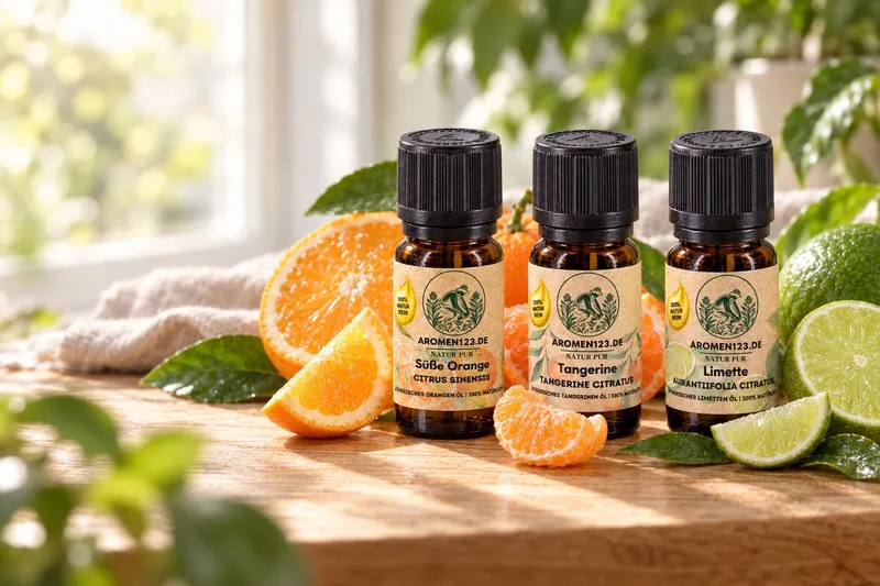 Orange süß, Tangerine und Limette – drei ätherische Zitrusöle des Zitrus-Sets mit frischen Früchten