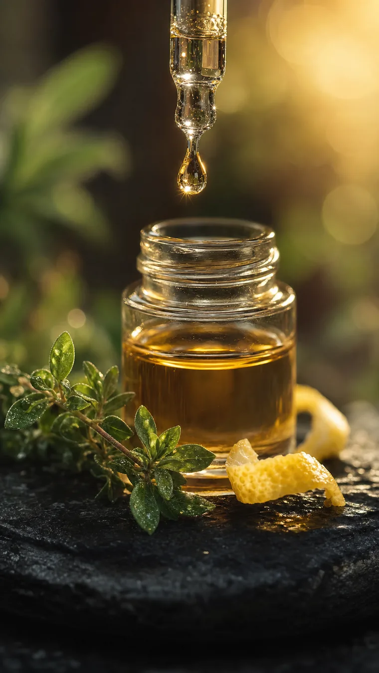 Vertikale Makroaufnahme einer Glaspipette über einer etikettenlosen Flasche, ein einzelner bernsteinfarbener Öltropfen fällt herab und glänzt im warmen Gegenlicht, daneben ein frischer Thymianzweig und Zitronenschale auf dunklem Naturstein, sehr geringe Schärfentiefe.