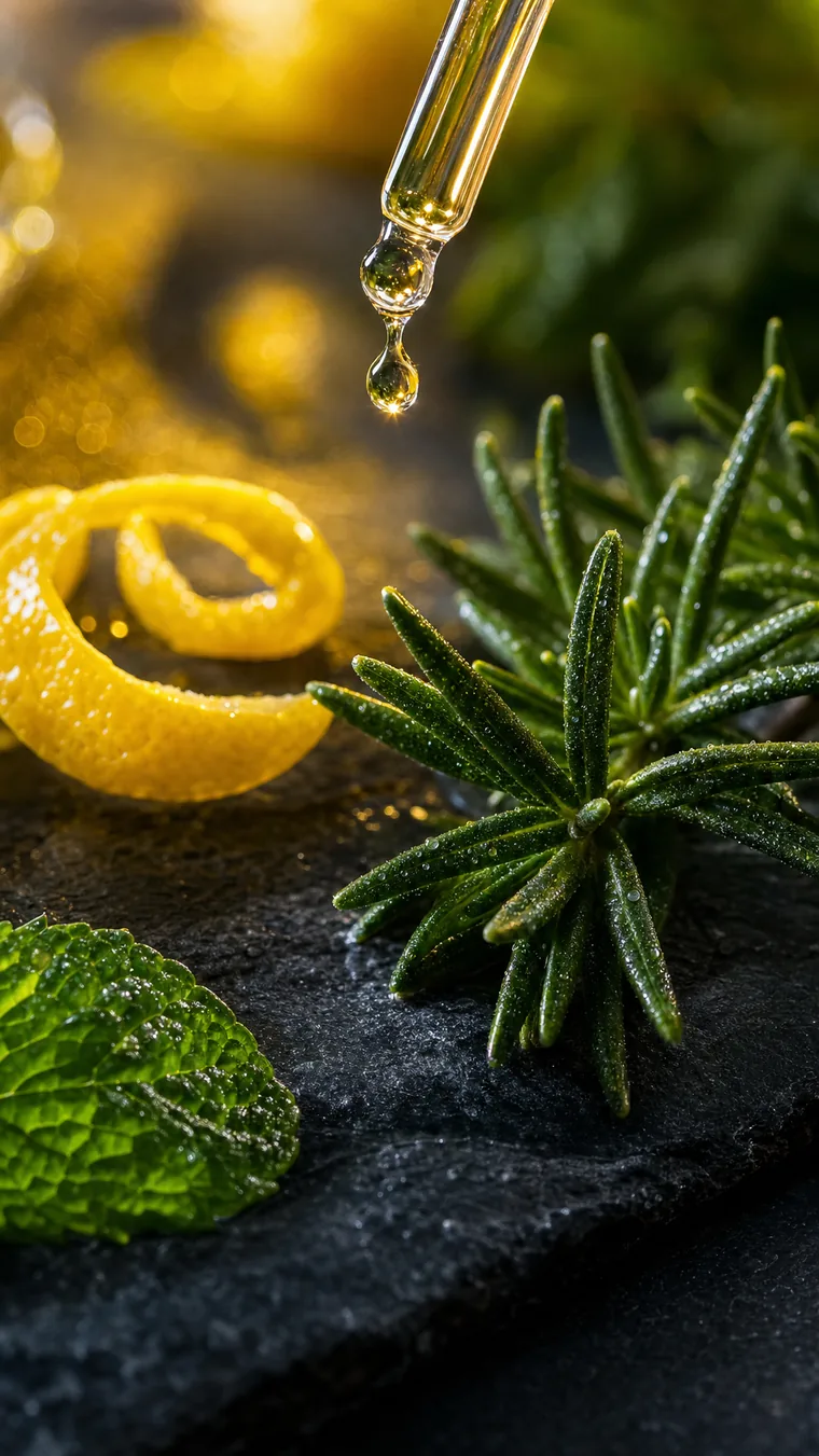 Vertikale Makro-Detailaufnahme von oben: ein Tropfen klares aetherisches Oel faellt aus einer Pipette ueber frischen Rosmarin, Zitronenzeste und ein Minzblatt auf dunklem Naturschiefer, goldenes Gegenlicht und frische gruen-gelbe Farben.