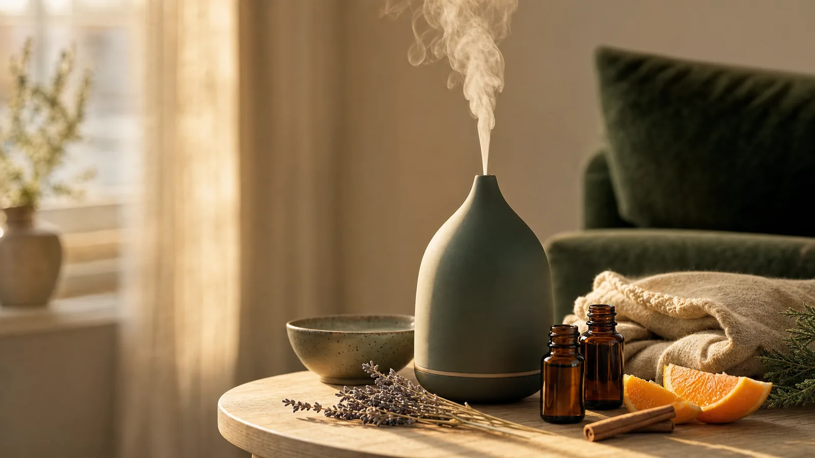 Gemütliche Wohnzimmerecke im warmen Abendlicht mit Keramik-Diffuser und feinem Duftnebel, Lavendel, Orangenscheiben und Zimt auf Eichenholztisch – Raumduft-Wohlfühlatmosphäre von aromen123.