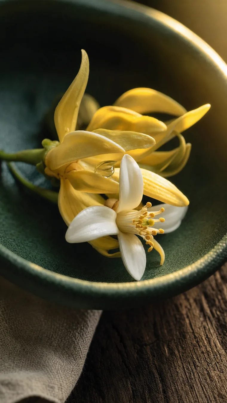 Intime Makro-Detailaufnahme im Hochformat: eine taufrische Ylang-Ylang- und Neroli-Blüte in einer matten waldgrünen Keramikschale mit einem glänzenden Öltropfen, warmes Gegenlicht und weicher Unschärfe – Blütenöle von aromen123 NATUR PUR.