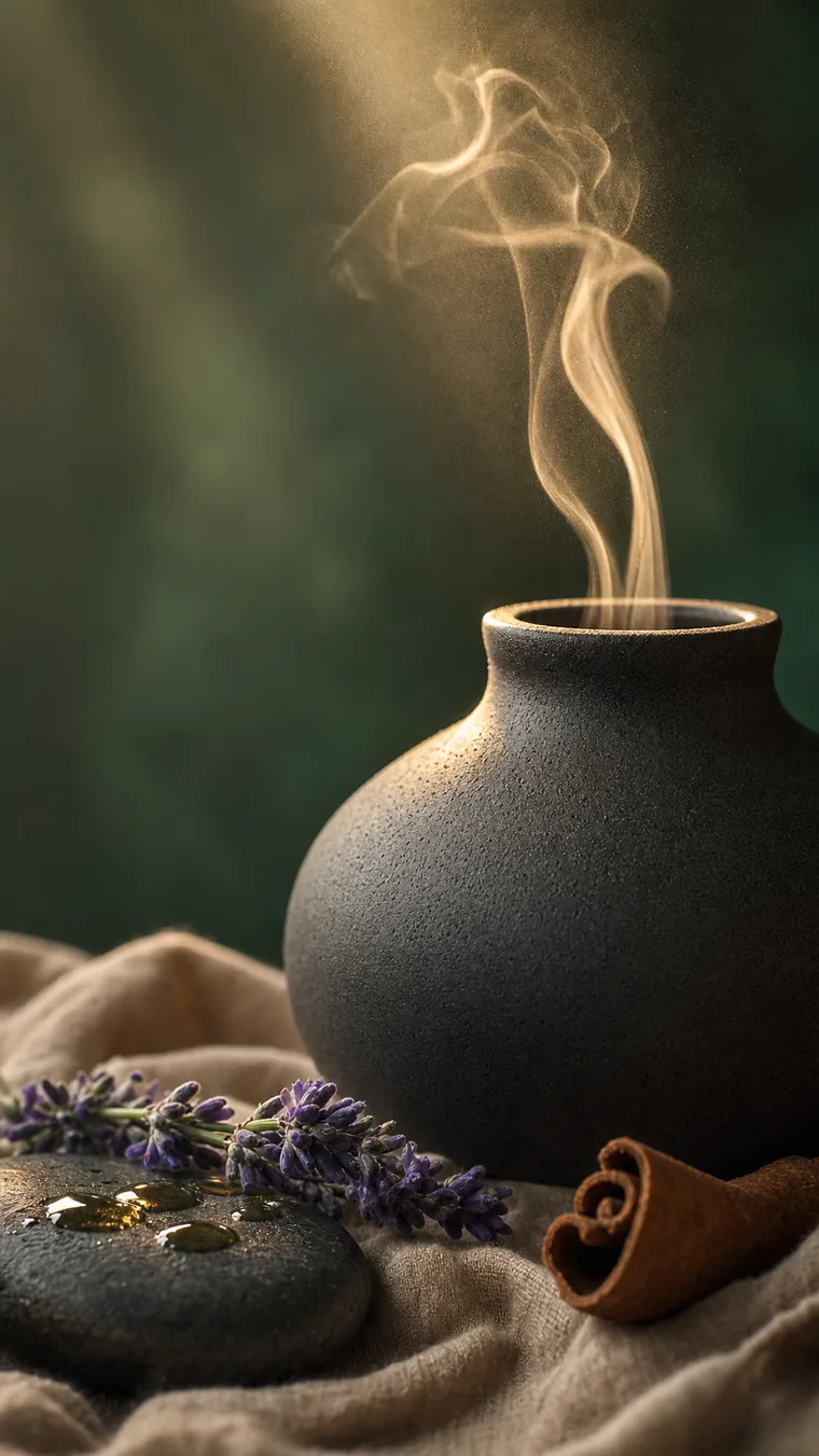 Makro-Detail eines aufsteigenden, goldbeleuchteten Duftnebels über einem Keramik-Diffuser mit Lavendel, Zimt und Öltropfen auf Naturstein und Leinen – stimmungsvolle Wohlfühl-Nahaufnahme von aromen123.