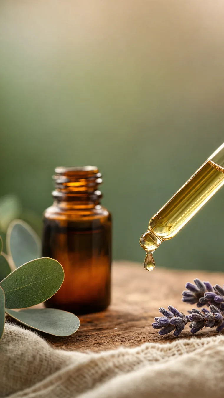 Makro-Detailaufnahme eines goldenen Öltropfens an einer Glaspipette über Eichenholz, mit Eukalyptus, Lavendel und unscharfem Braunglas-Fläschchen im warmen Gegenlicht.
