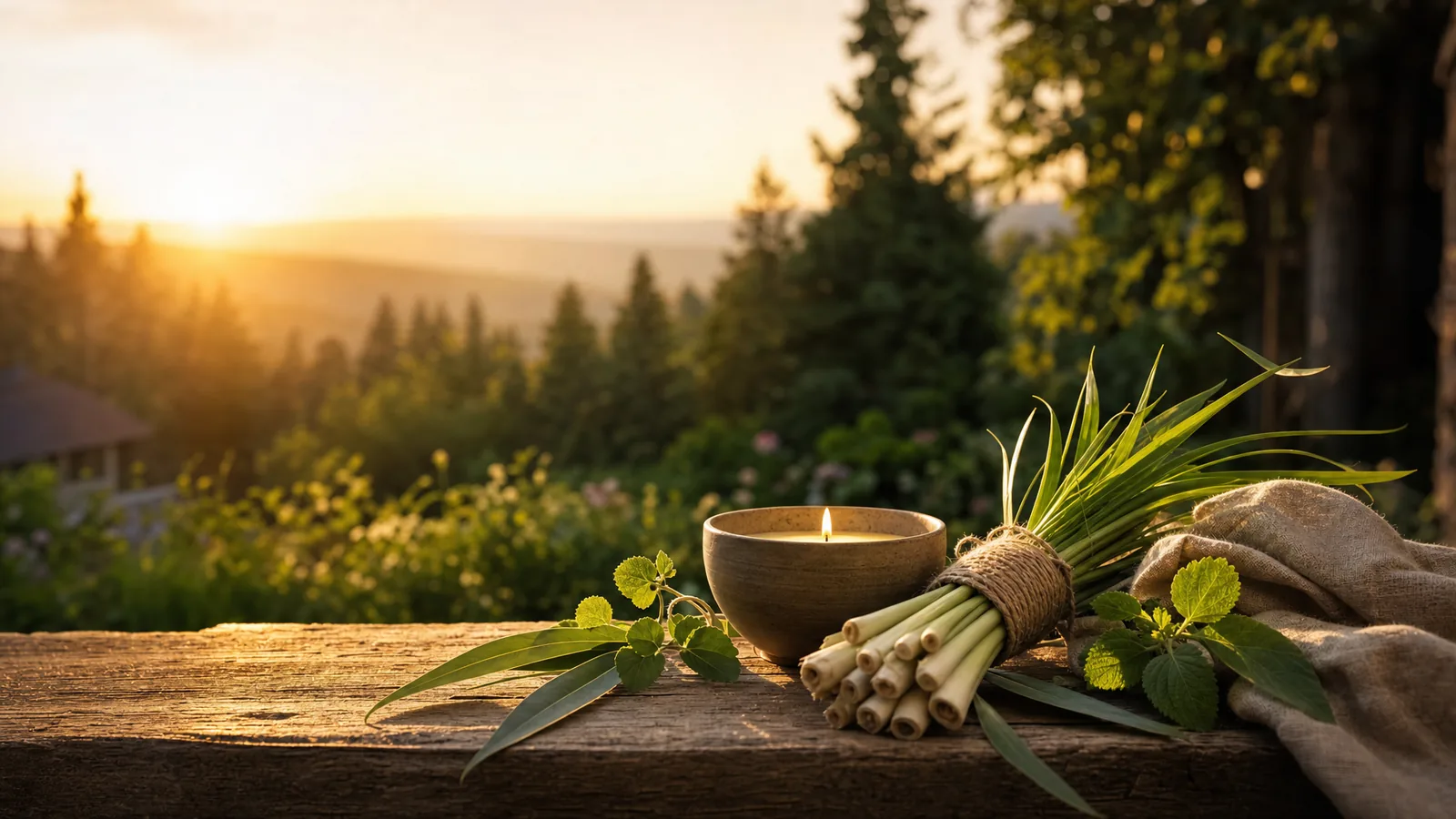Sommerabendliche Schwarzwald-Terrasse im goldenen Gegenlicht mit Citronella-Kerze, frischem Lemongras und Zitronen-Eukalyptus auf langem Eichentisch, viel ruhiger Negativraum.