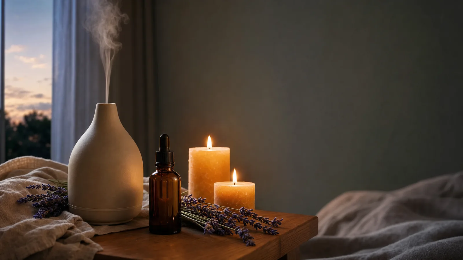 Ruhige Abendszene auf einem Eichenholz-Beistelltisch: Keramik-Diffuser mit feinem Dampf, frische Lavendelzweige, eine etikettenlose Braunglasflasche und warm leuchtende Kerzen im weichen Fensterlicht.