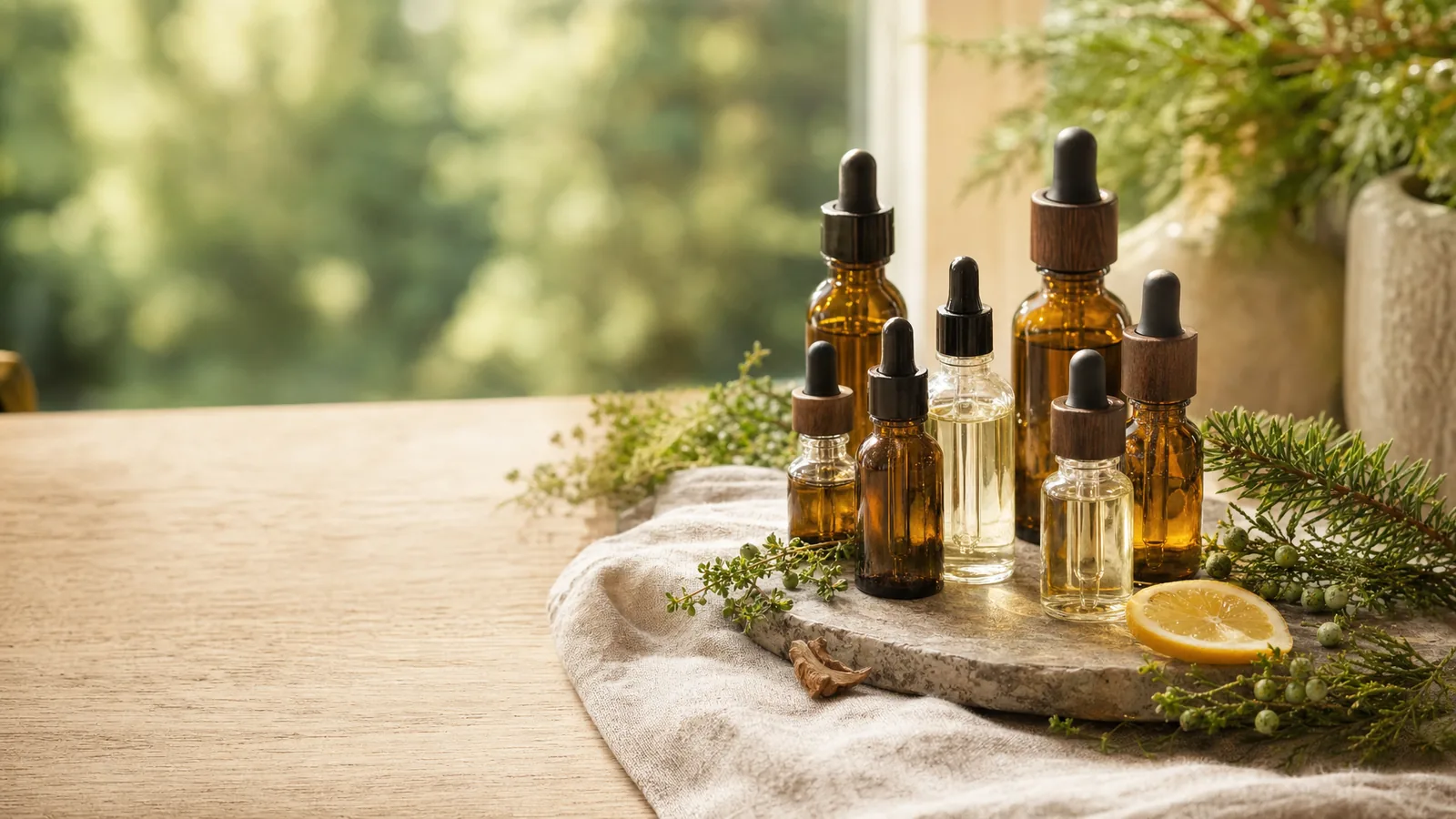 Helle Stillleben-Szene mit mehreren etikettenlosen Glas-Tropfflaschen ätherischer Öle und frischen Kräuter- und Zitrusbotanicals auf heller Eichenholzplatte mit Naturstein und Leinen, weiches Morgenlicht von rechts, viel ruhiger Freiraum links.