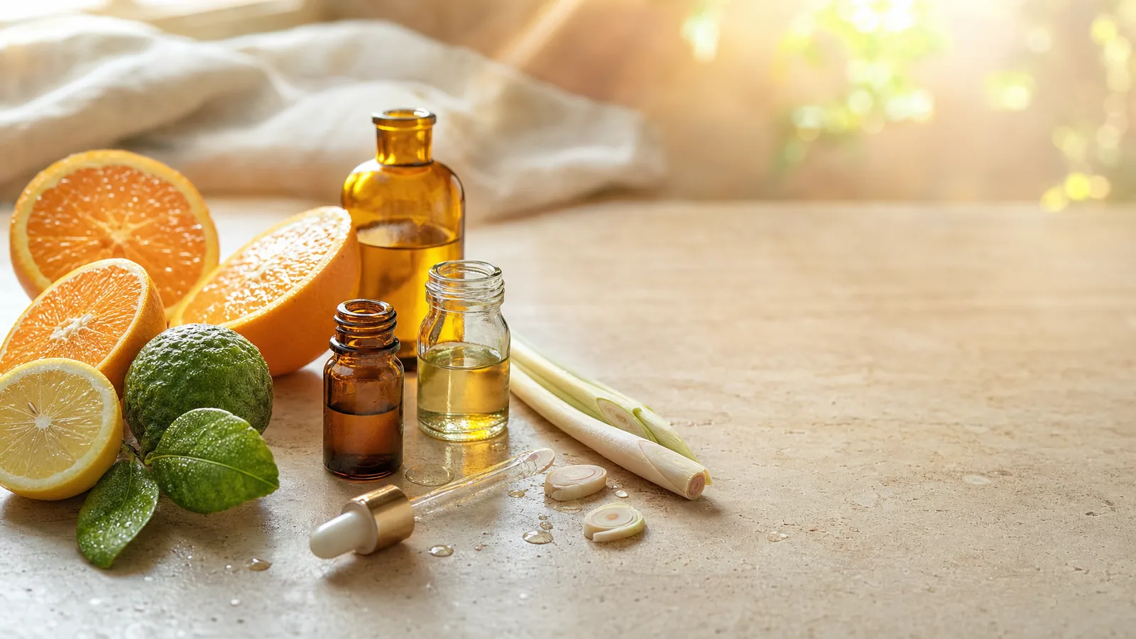 Weite, sonnendurchflutete Stillleben-Szene auf hellem Travertin: unbeschriftete Glasflaeschchen mit Pipette neben frisch aufgeschnittenen Orangen, Zitrone und Bergamotte sowie Lemongras, im warmen Morgenlicht mit ruhigem Negativraum rechts.