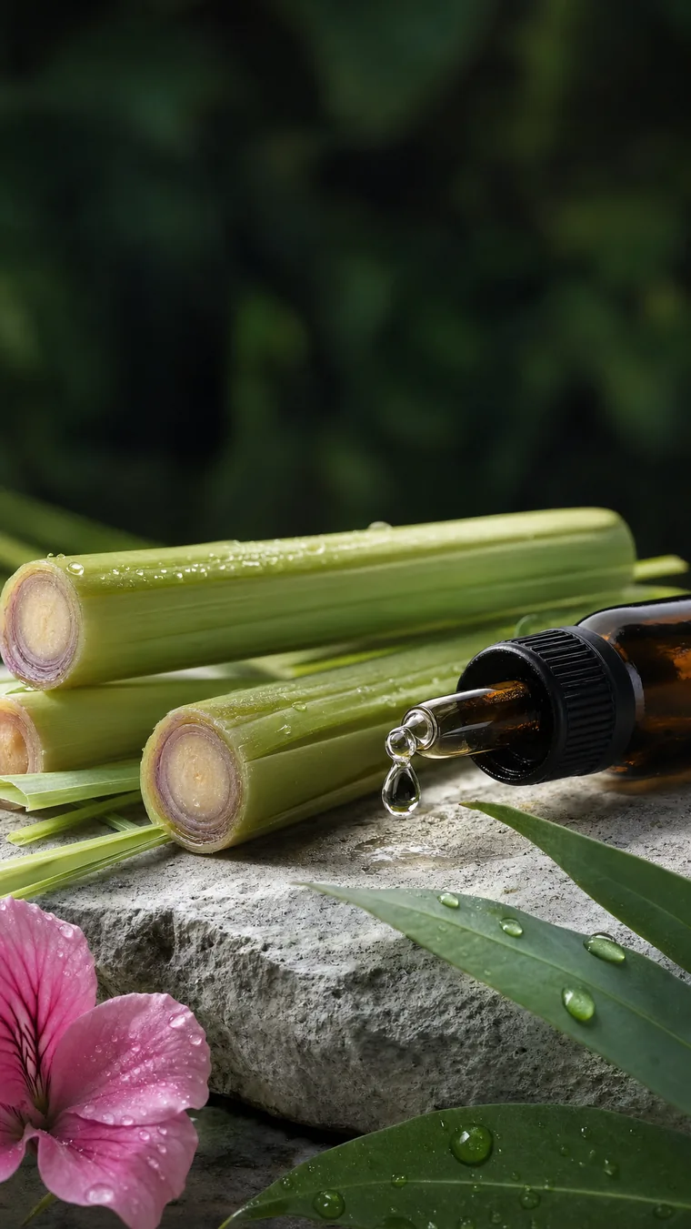 Makro-Detail frisch geschnittener Citronella- und Lemongras-Halme auf hellem Naturstein, daneben eine dunkle Pipettenflasche ohne Etikett mit glänzendem Öltropfen, weiches Fensterlicht.