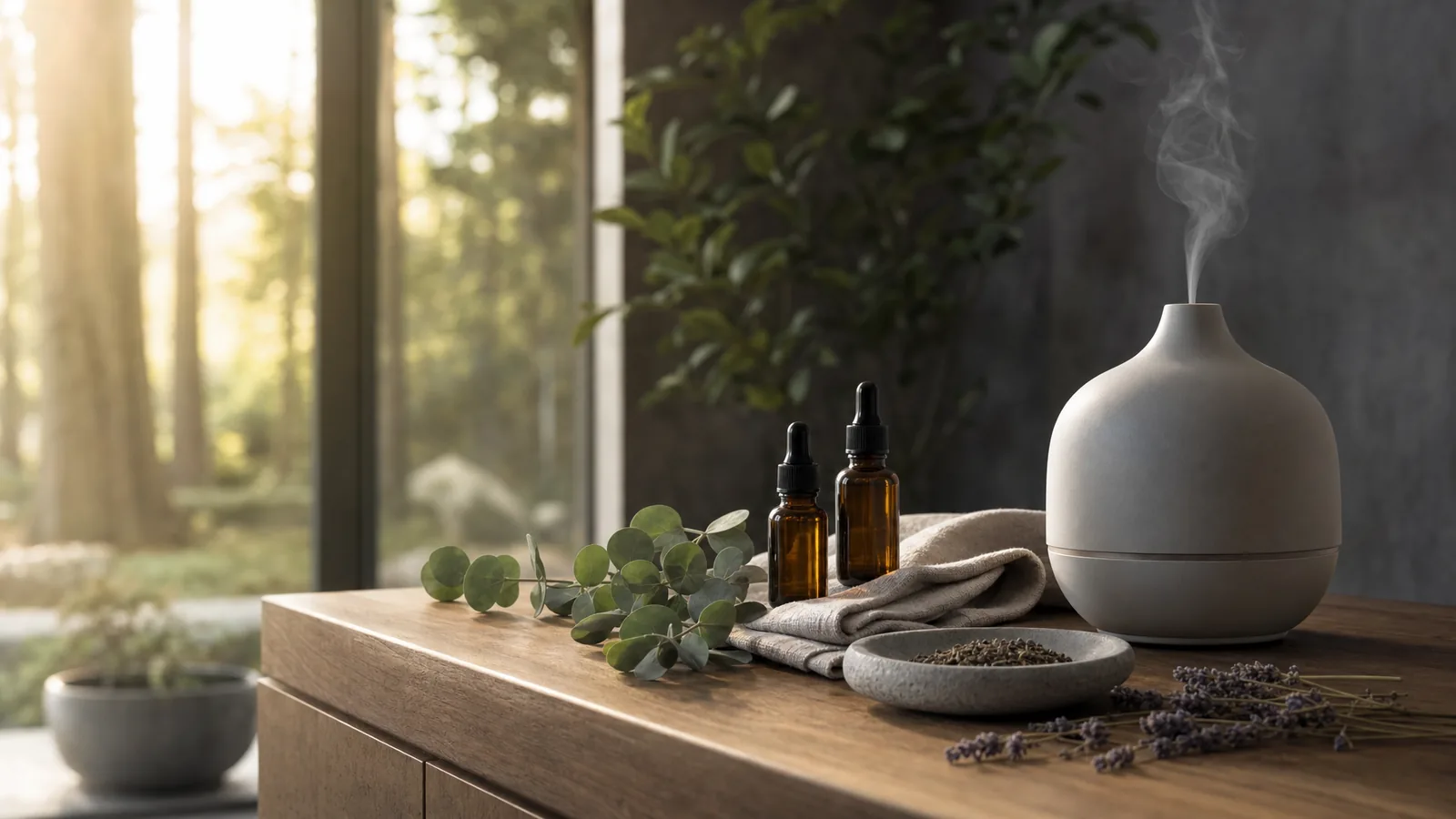 Ruhige Eichenholz-Konsole im weichen Fensterlicht mit Keramik-Diffuser, naturreinen Öl-Fläschchen, Leinen, Eukalyptus und Lavendel als Lifestyle-Übersicht der Anwendungsbereiche.