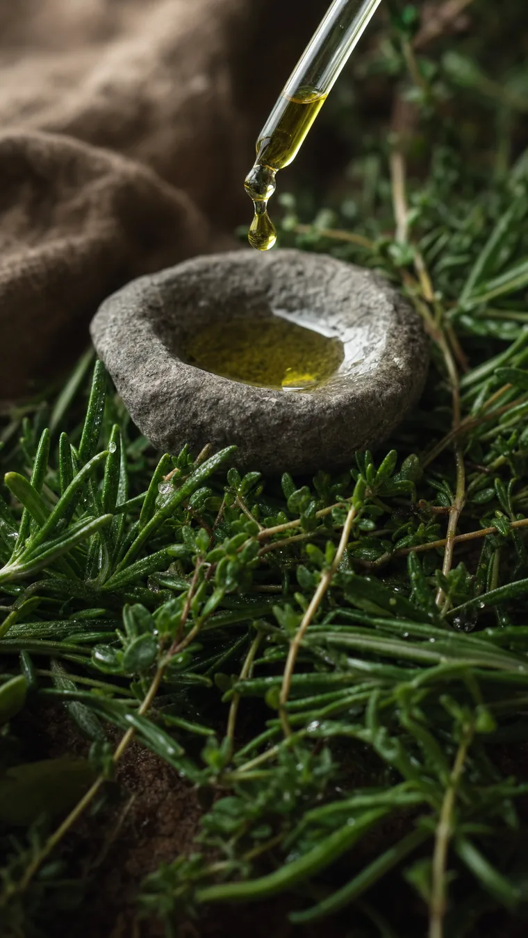 Makro-Detailaufnahme von oben: ein goldgrüner Öltropfen fällt aus einer etikettenlosen Pipette über eine Natursteinschale auf frischen Thymian und Rosmarin mit Tautropfen – intime Hochformat-Szene der Kräuteröle.