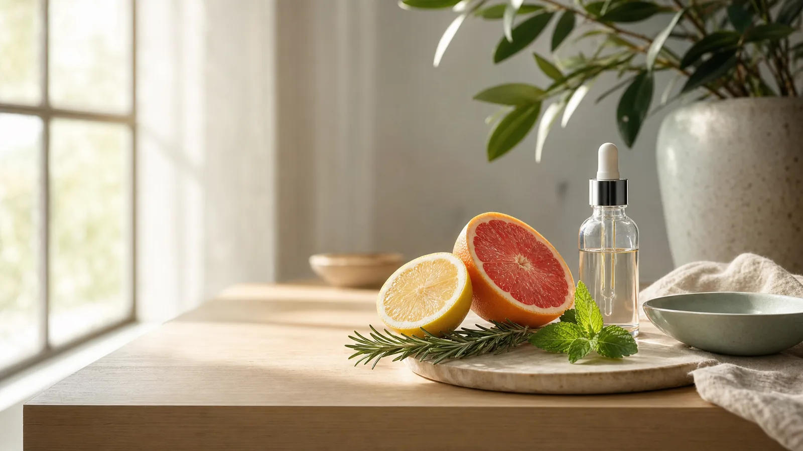 Heller, ruhiger Naturholz-Arbeitsplatz im Morgenlicht mit frischen Zitrusfruechten, Rosmarin, Minze und einem klaren Tropfflaeschchen, weiter Negativraum links fuer eine fokussierte, frische Atmosphaere.