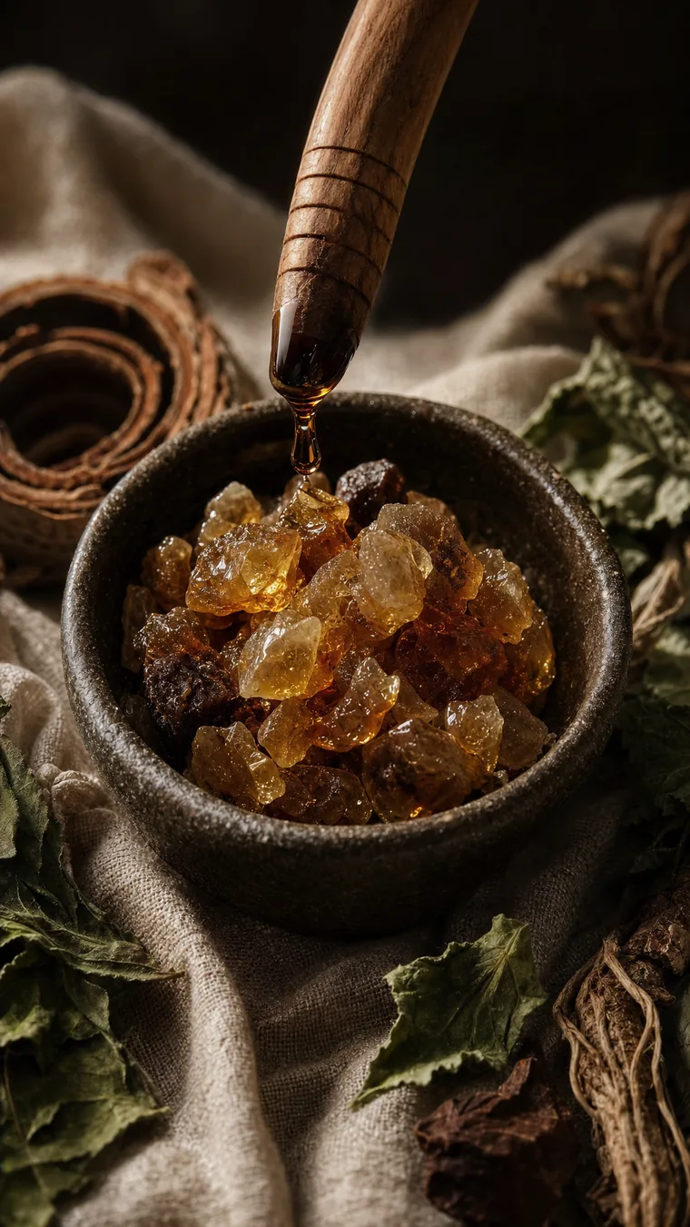 Vertikale Makro-Detailaufnahme von oben in eine dunkle Steingutschale mit goldbraunen Weihrauch- und Myrrhe-Harzstücken, ein Holzstäbchen mit fallendem Öltropfen darüber, daneben Zedernrinde, Patchouliblätter und Vetiverwurzel auf grobem Leinen – intime Detailszene der Holz- und Harzöle von aromen123.