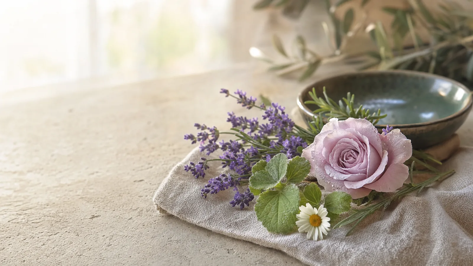 Weite, ruhige Stillleben-Szene mit frischem Lavendel, einer offenen Gartenrose, Geranienblättern und einer Kamillenblüte auf Naturleinen und hellem Kalkstein in weichem Morgenlicht – Blütenöle von aromen123 NATUR PUR.