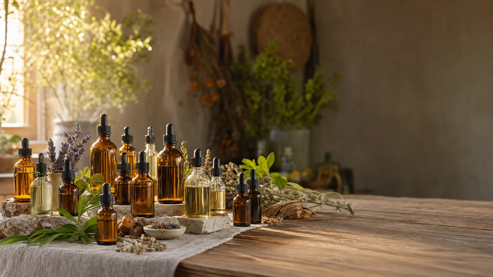 Weite, einladende Stillleben-Szene auf einer langen Eichenholztafel mit einer vielfaeltigen Sammlung kleiner Tropffläschchen aus Bernstein- und Klarglas im sanften goldenen Morgenlicht, umgeben von Lavendel, Zitrusblaettern und Kraeutern - ruhiger Negativraum rechts.