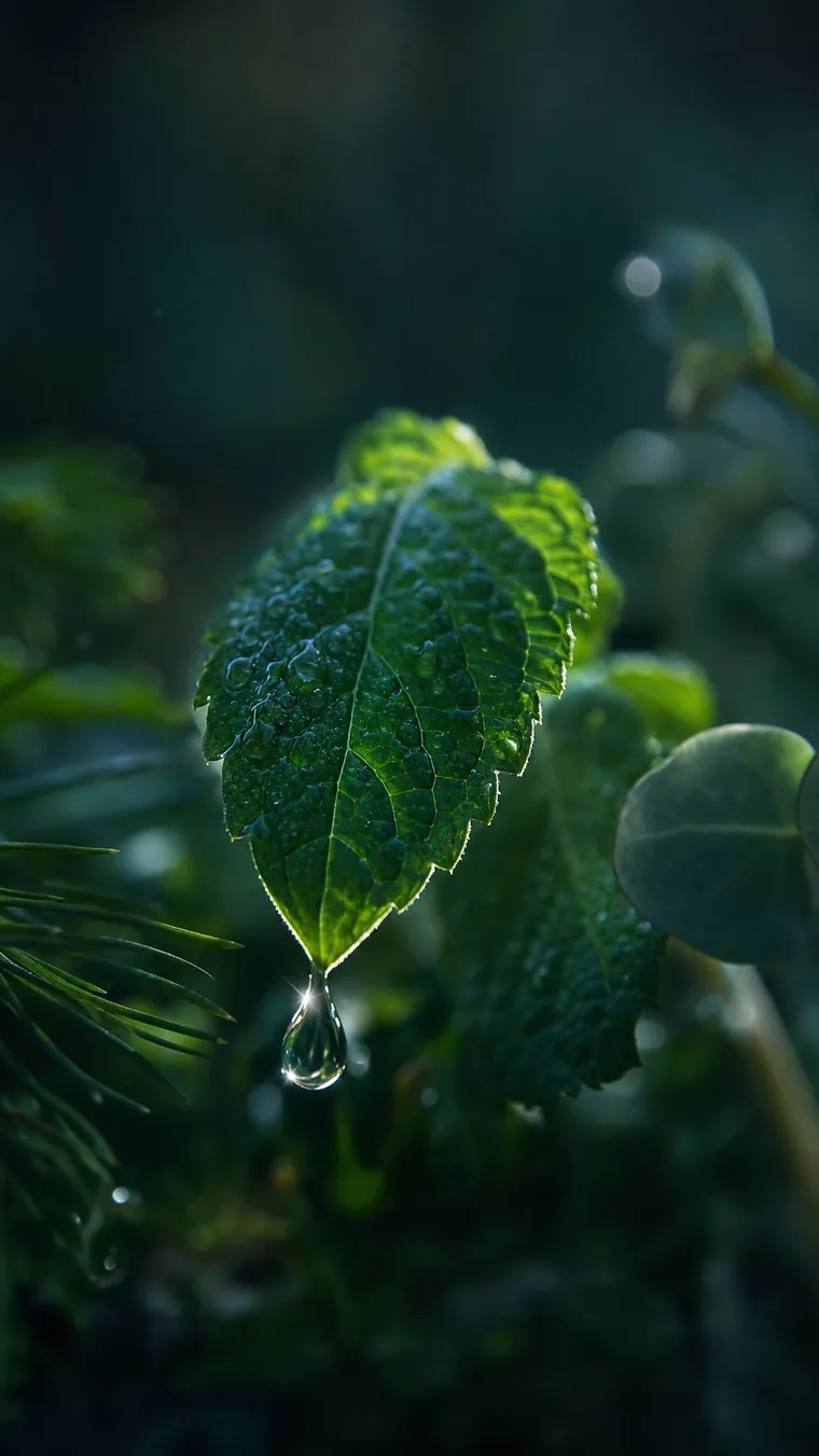 Intime vertikale Makroaufnahme eines betauten Pfefferminzblatts mit fallendem Oeltropfen vor dunkelgruenem, weich verschwommenem Hintergrund aus Eukalyptus und Kiefernnadeln im kuehlen Gegenlicht.