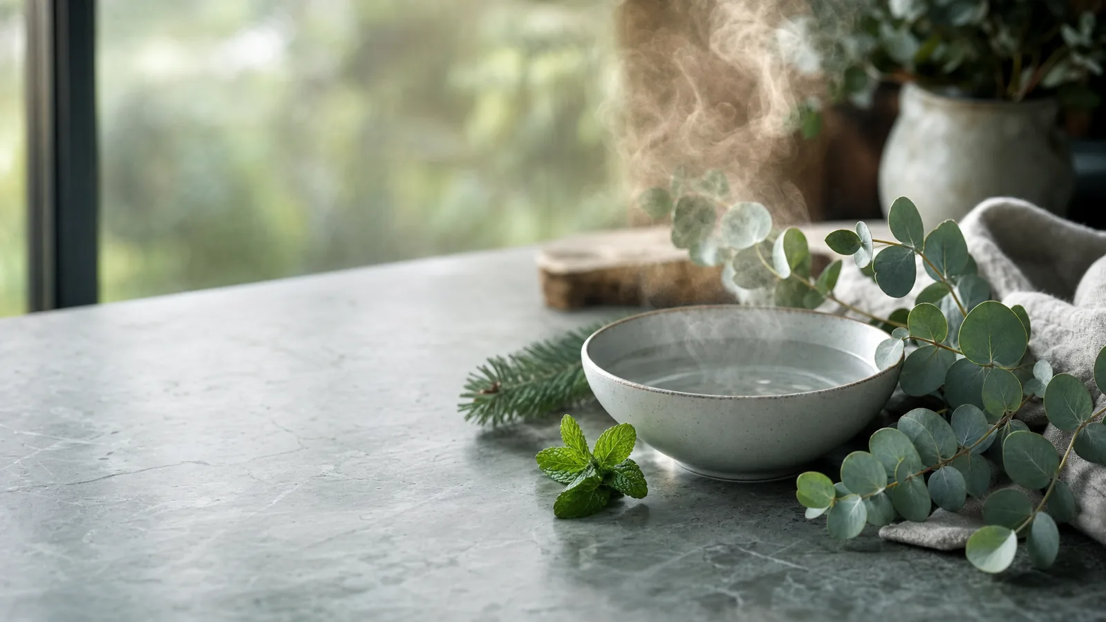 Frische Eukalyptuszweige, Kiefernnadeln und Pfefferminze neben einer dampfenden Schale auf hellem Naturstein in kühlem Morgenlicht – ruhige Wellness-Szene für ätherische Öle bei Atemwegen und Erkältung.
