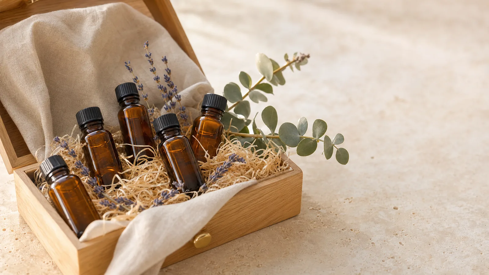 Edle offene Geschenkbox aus Eichenholz und Leinen mit mehreren bernsteinfarbenen Fläschchen ätherischer Öle, Lavendel und Eukalyptus, in weichem Morgenlicht auf hellem Naturstein.