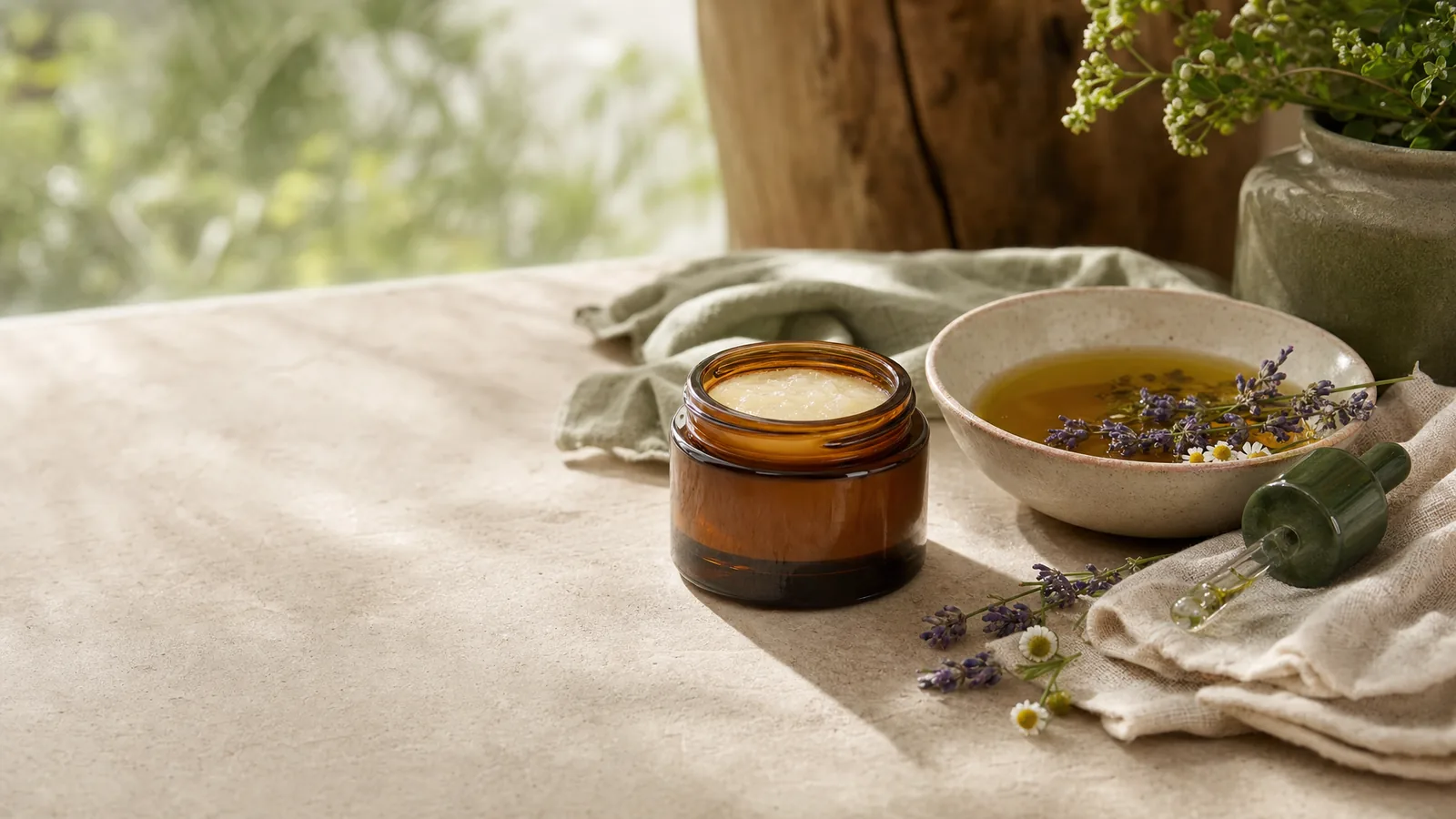 Ruhige DIY-Naturkosmetik-Szene auf hellem Naturstein im weichen Fensterlicht: offener Cremetiegel, Schälchen mit Trägeröl, frische Lavendel- und Kamillenblüten auf Leinen, dunkelgrüne Keramik-Pipette.
